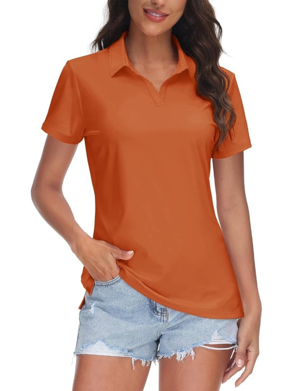Women dark Orange V-Neck Polo Shirt UPF 50+ Quick Dry Sun Protection Top for gym